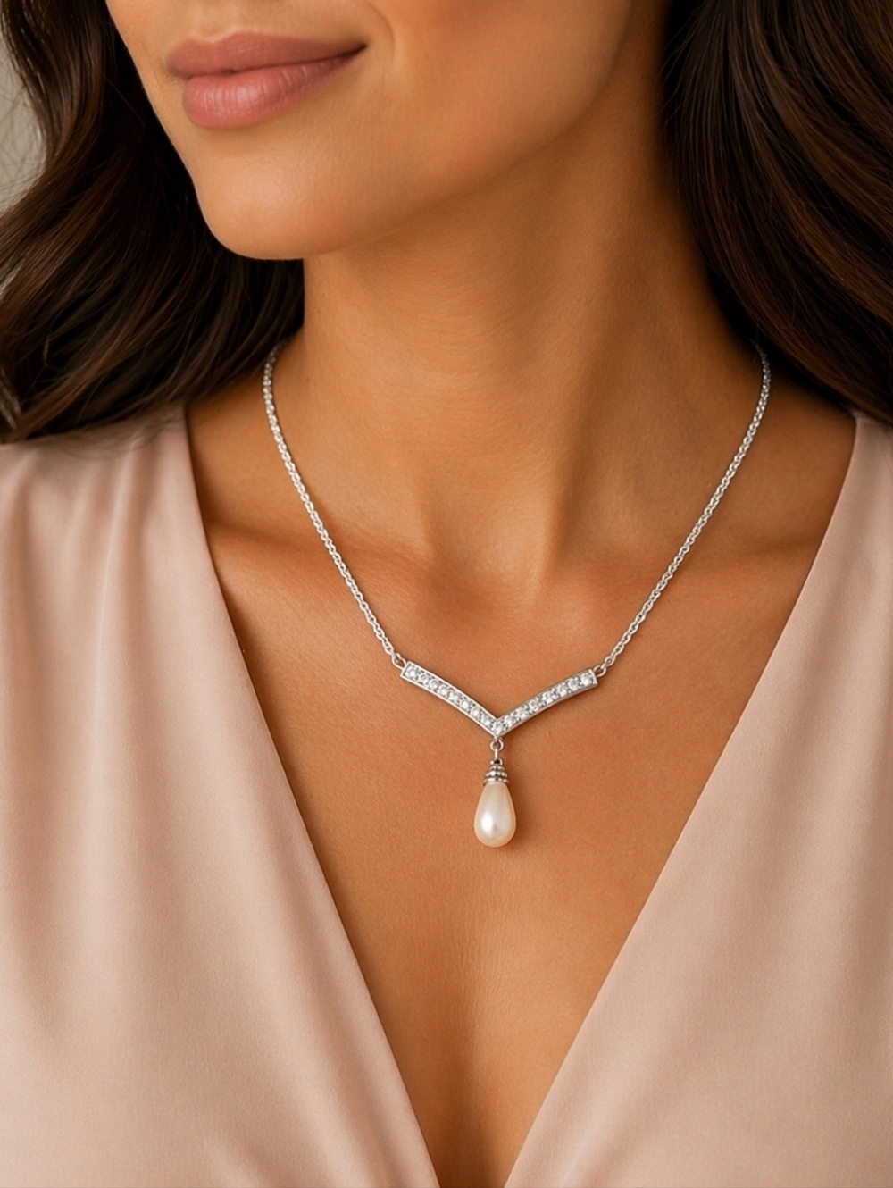 Vintage Vendome Signed Silver-tone Necklace with Rhinestone and Pearl Drop